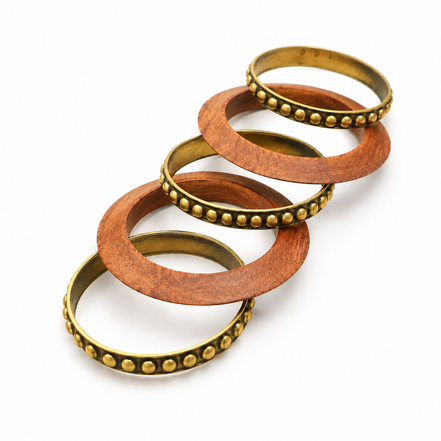 Antique Gold Plated Sheesham Wood & Beaded Bangle Set with Textured Pattern - Pack of 5
