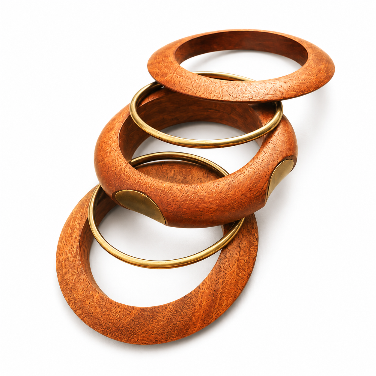 Antique Gold Plated Sheesham Wood Bangle Set with Textured Pattern and Oval Accent Design - Pack of 5