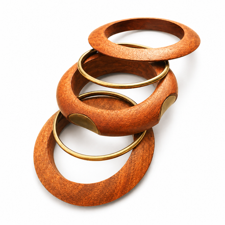 Antique Gold Plated Sheesham Wood Bangle Set with Textured Pattern and Oval Accent Design - Pack of 5
