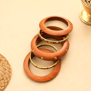 Sheesham Wood & Antique Gold Plated Bangles Set with Geometric Metal Details - Pack of 5