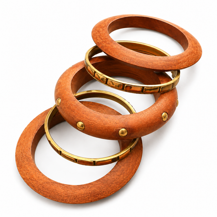 Sheesham Wood & Antique Gold Plated Bangles Set with Geometric Metal Details - Pack of 5