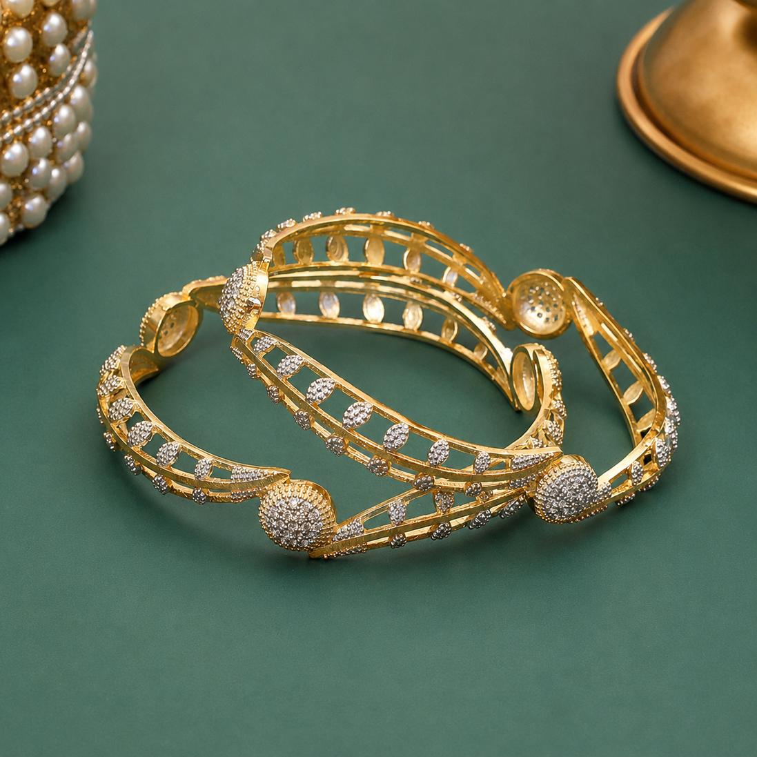 Dual Tone Gold & Silver Plated Leaf Pattern Stone Bangles Set- Pack of 2