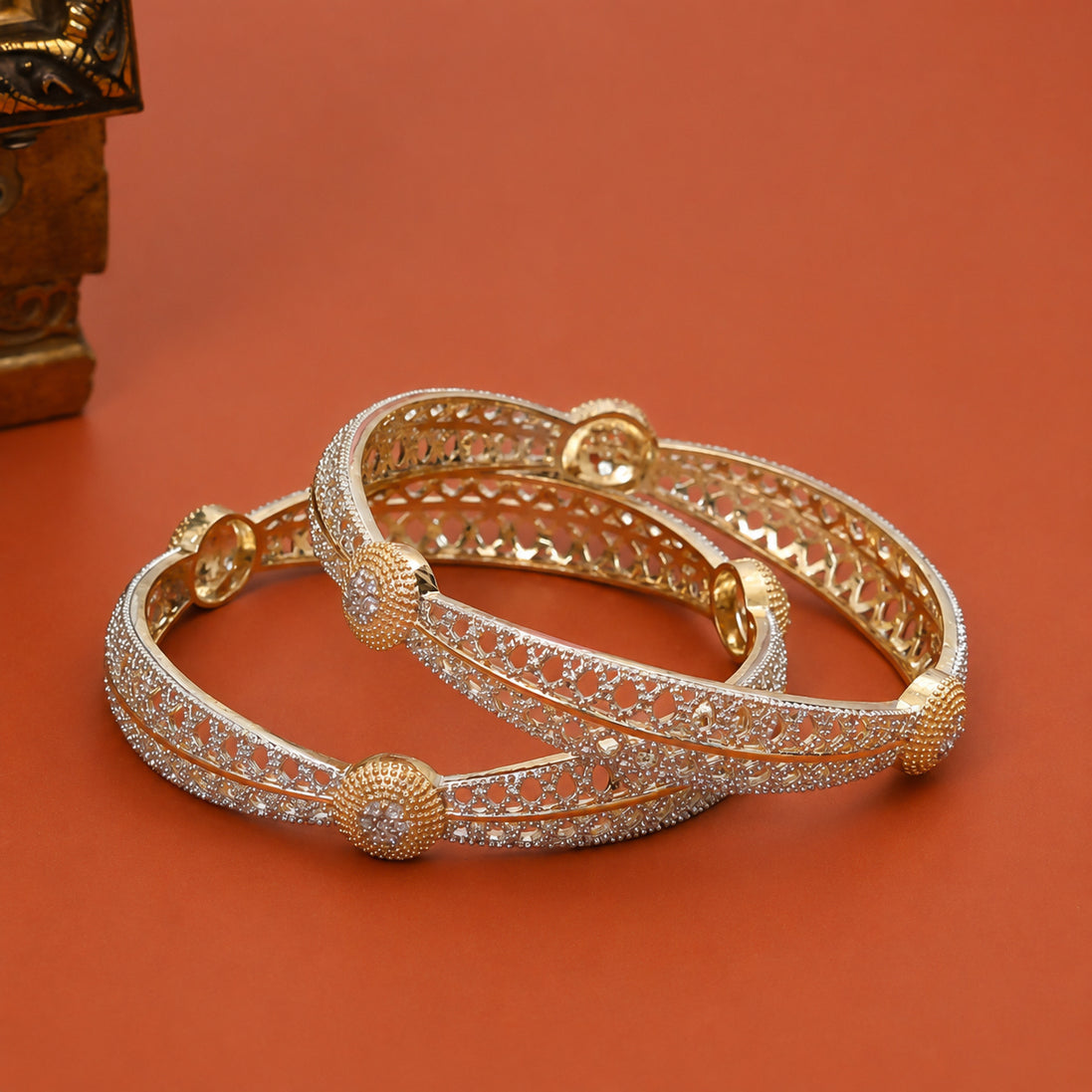 Dual Tone Gold & Silver Plated Floral Lattice AD Bangles Set -  Pack of 2
