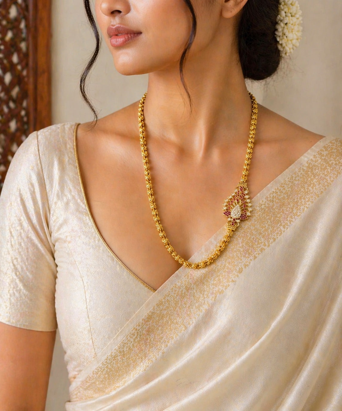 Gold Plated Peacock Design CZ Temple Chain