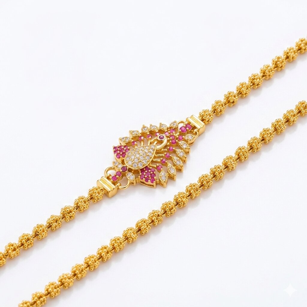 Gold Plated Peacock Design CZ Temple Chain
