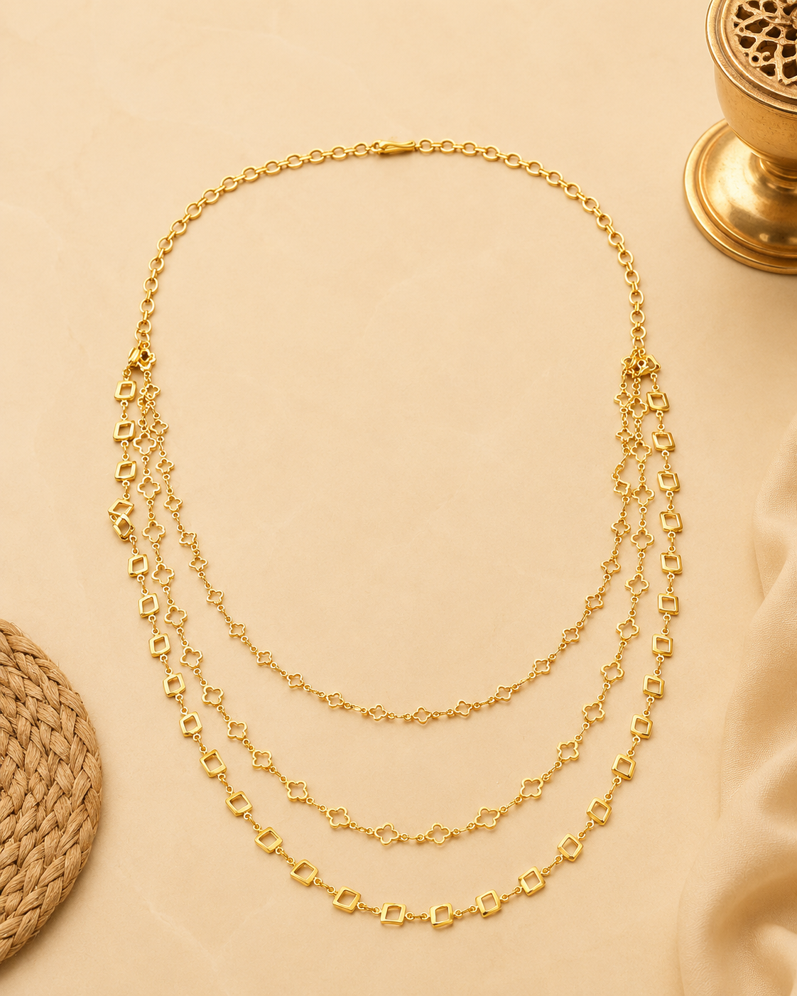 Gold Plated Triple Layer Clover & Square Pattern Designer Necklace
