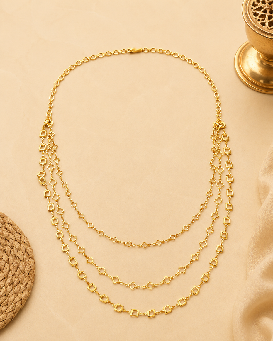 Gold Plated Triple Layer Clover & Square Pattern Designer Necklace