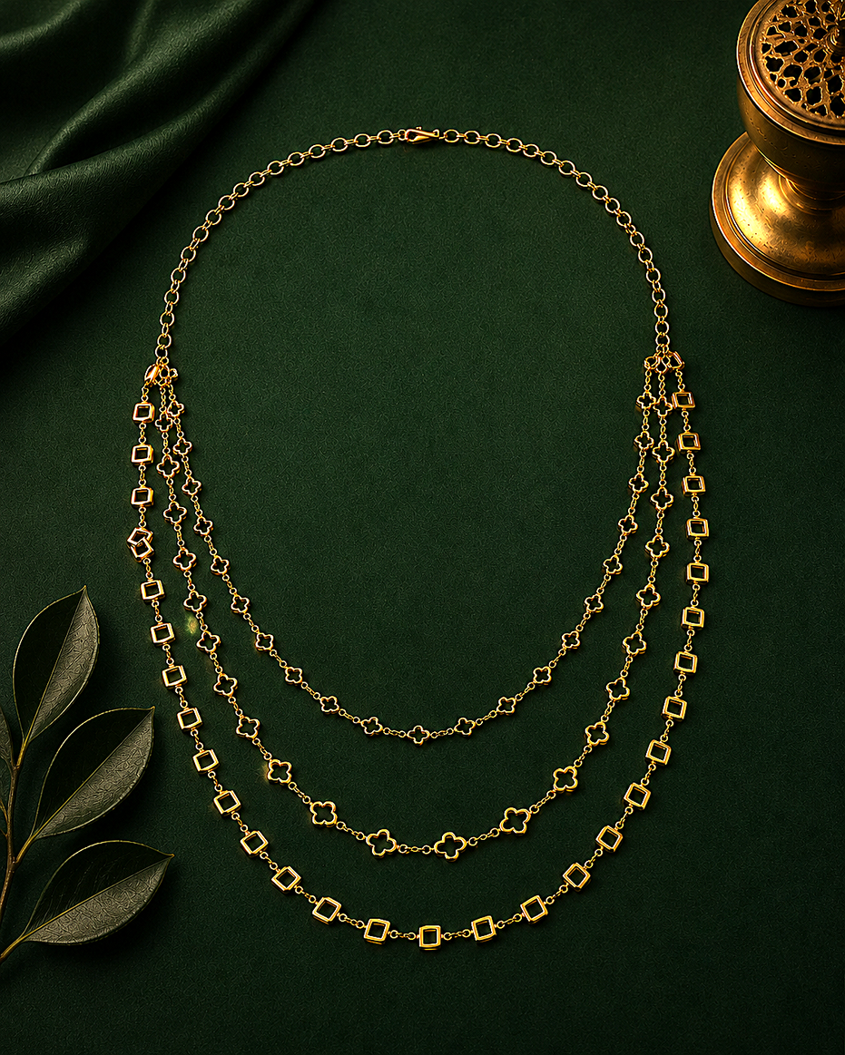 Gold Plated Triple Layer Clover & Square Pattern Designer Necklace