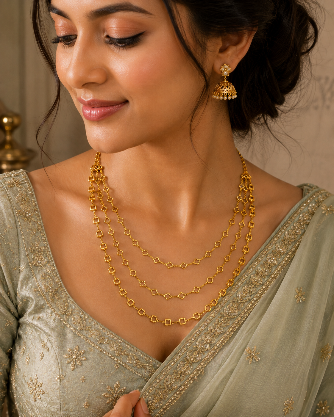 Gold Plated Triple Layer Clover & Square Pattern Designer Necklace