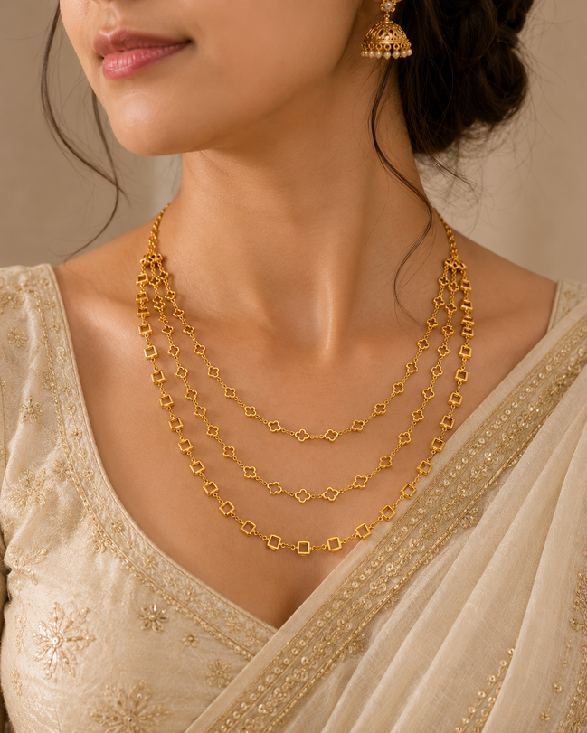 Gold Plated Triple Layer Clover & Square Pattern Designer Necklace