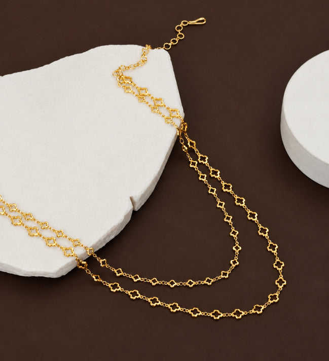 Beautiful Double-Strand Necklace with Clover-Inspired Link Detailing