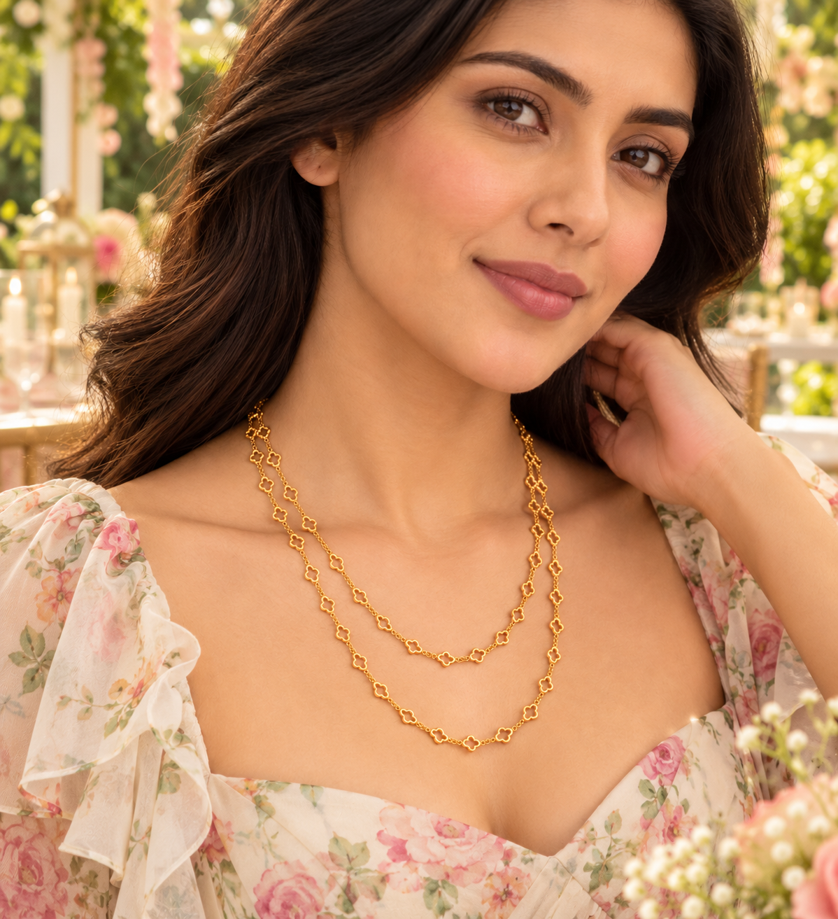 Beautiful Double-Strand Necklace with Clover-Inspired Link Detailing