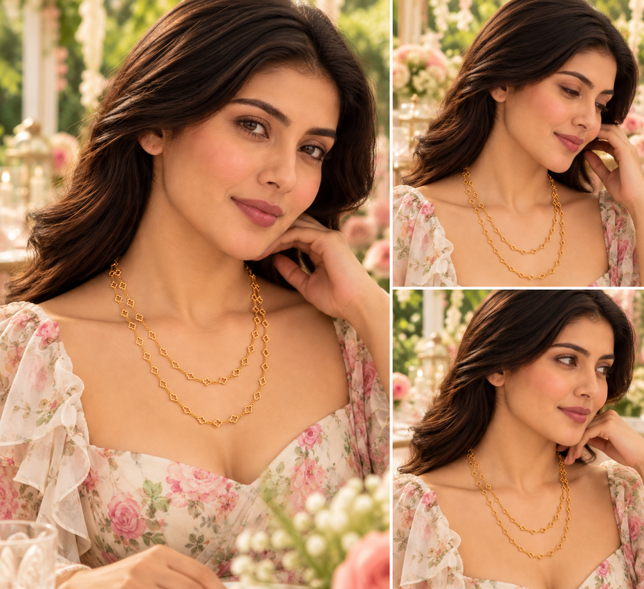Beautiful Double-Strand Necklace with Clover-Inspired Link Detailing