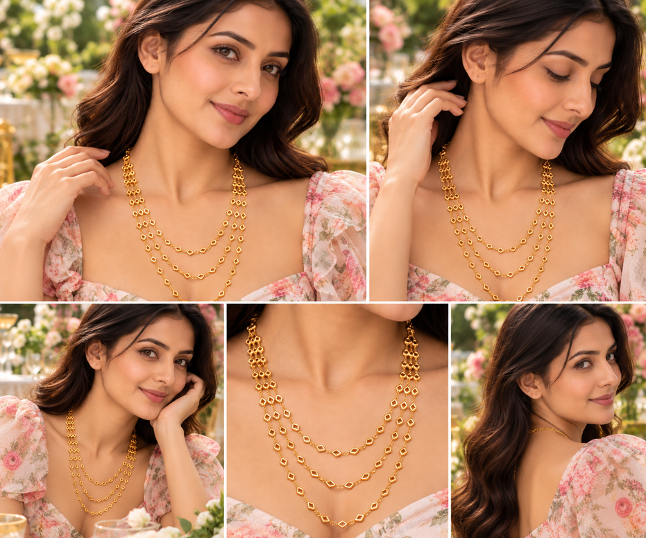 Classic Multi-Strand Necklace with Intricate Geometric Rectangular Link Pattern