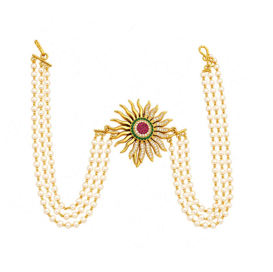 Elegant Multi-Strand Pearl Juda Pin with Intricate Sunburst Ornament