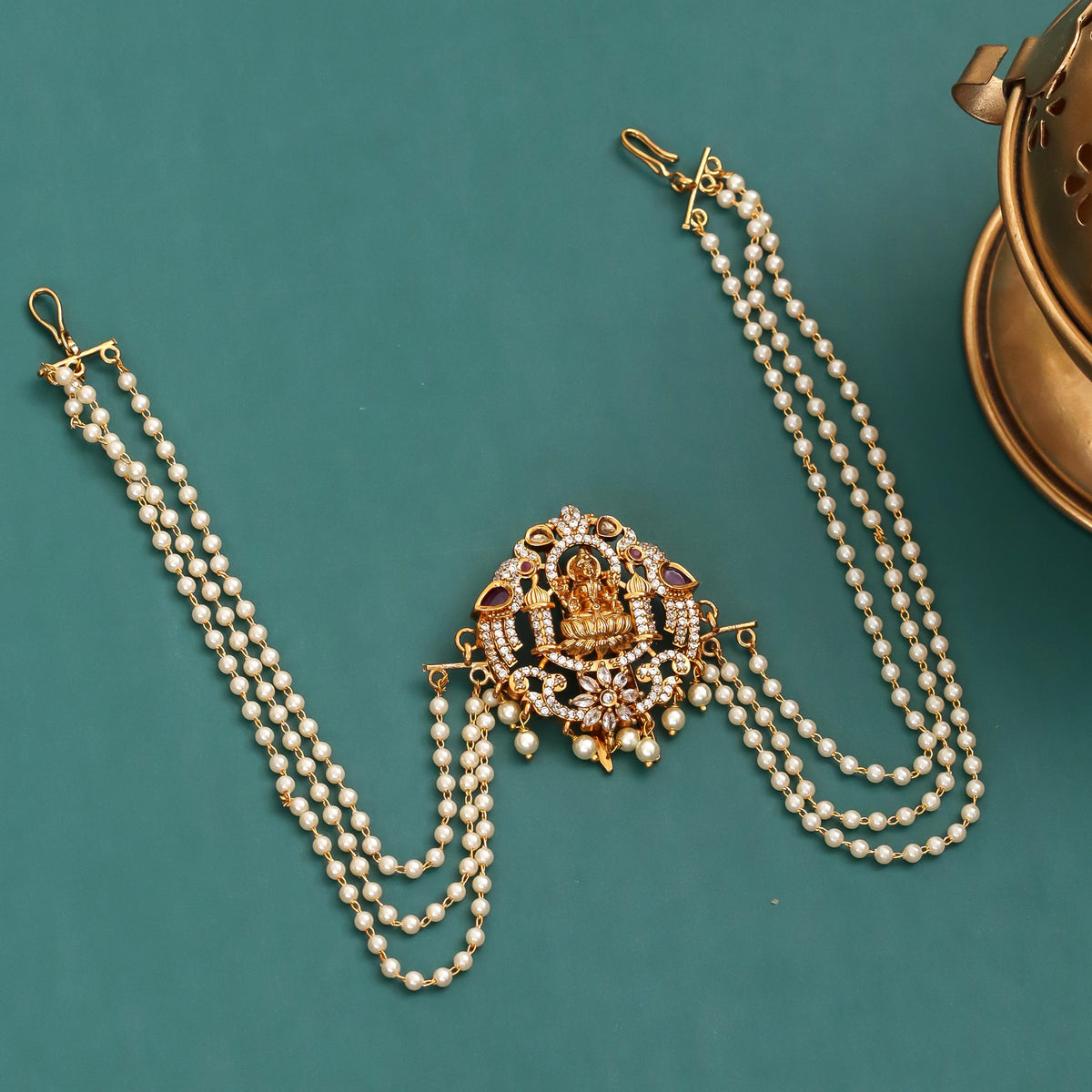 Traditional Lakshmi Goddess Juda Pin with Triple Layer Pearl Chains and Kundan Stonework