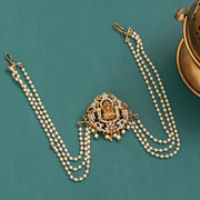 Traditional Lakshmi Goddess Juda Pin with Triple Layer Pearl Chains and Kundan Stonework
