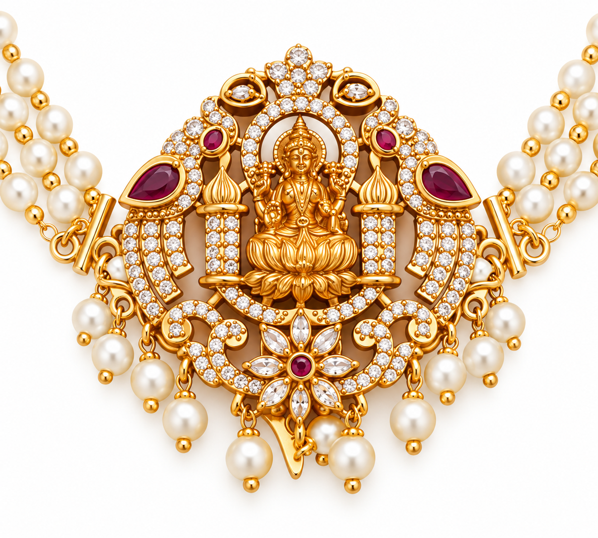Traditional Lakshmi Goddess Juda Pin with Triple Layer Pearl Chains and Kundan Stonework