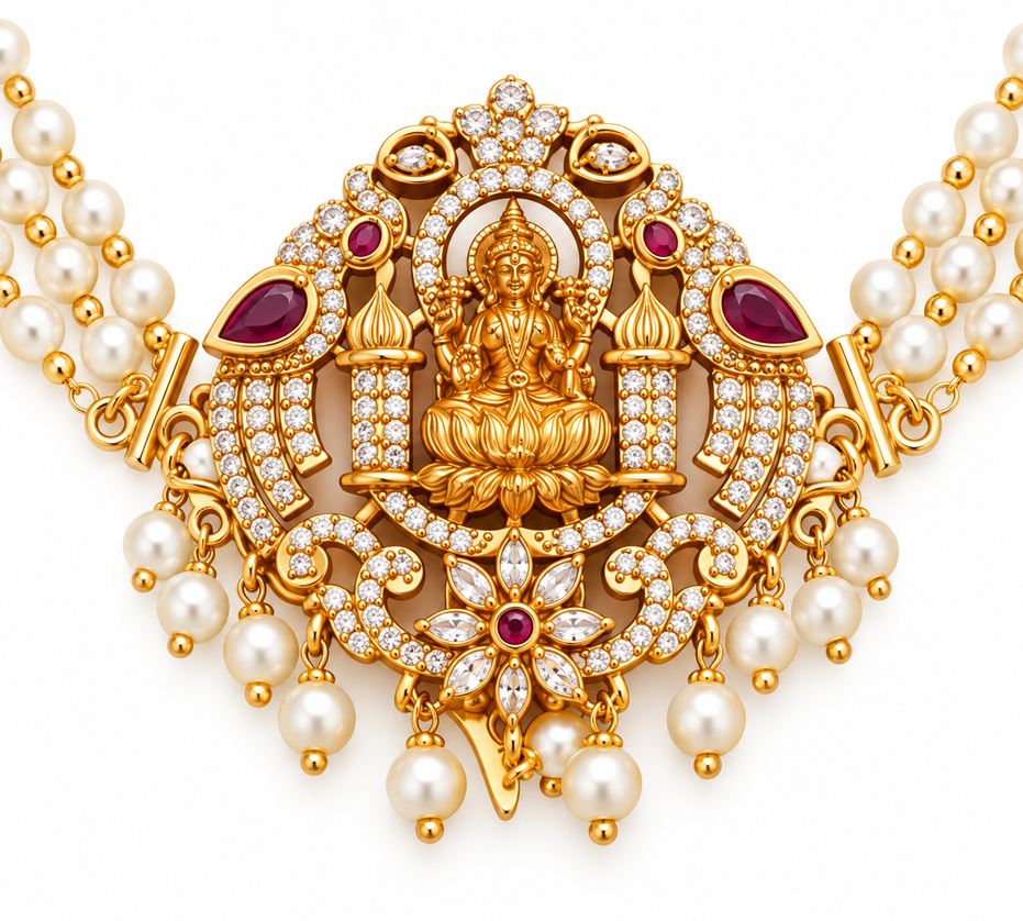 Traditional Lakshmi Goddess Juda Pin with Triple Layer Pearl Chains and Kundan Stonework
