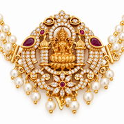 Traditional Lakshmi Goddess Juda Pin with Triple Layer Pearl Chains and Kundan Stonework