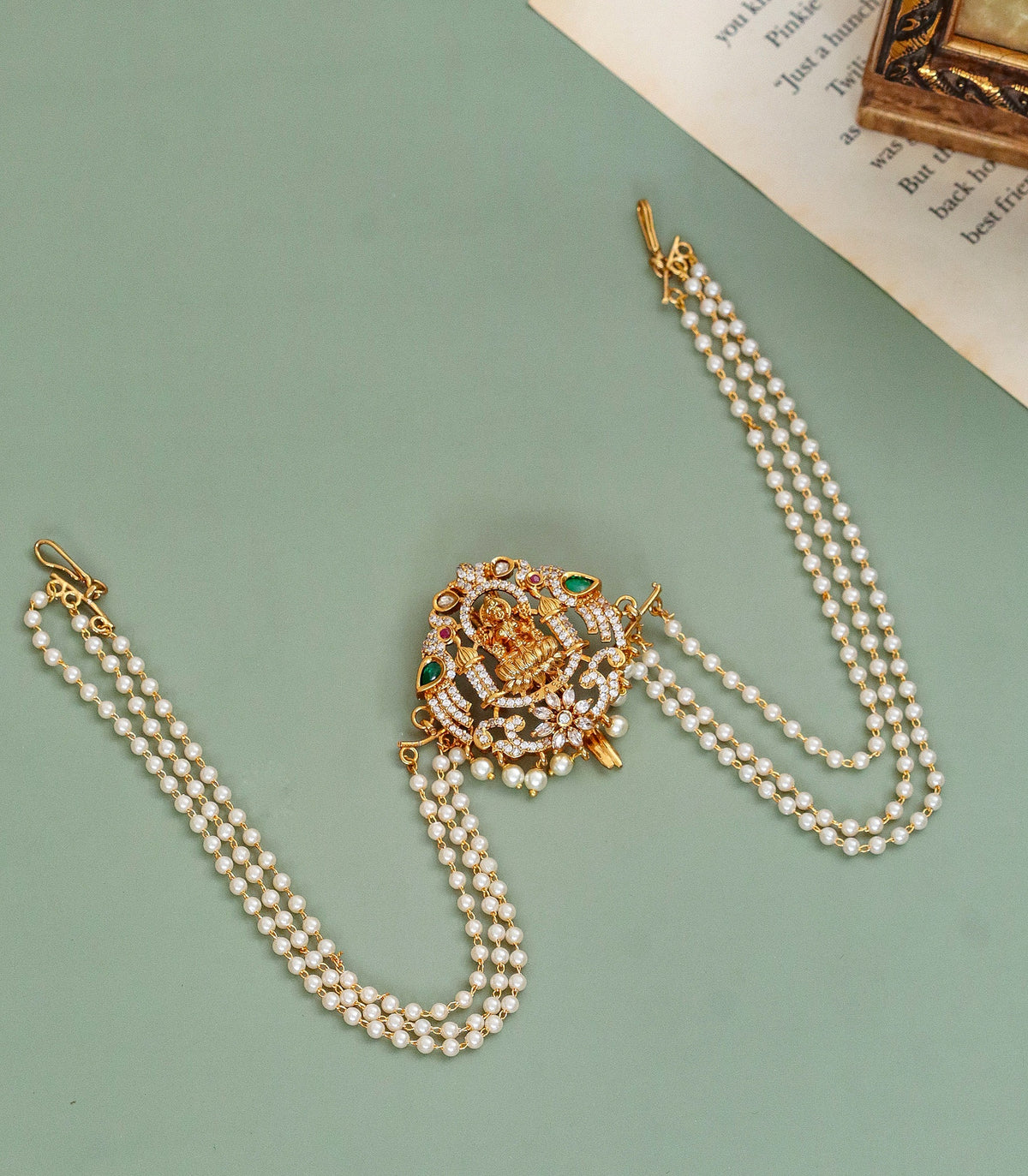 Traditional Lakshmi Goddess Juda Pin with Triple Layer Pearl Chains and Kundan Stonework