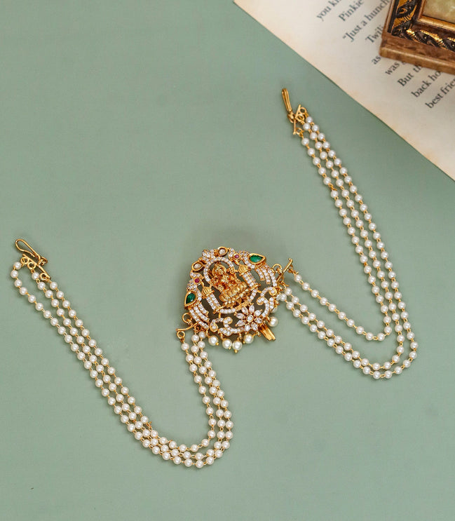 Traditional Lakshmi Goddess Juda Pin with Triple Layer Pearl Chains and Kundan Stonework