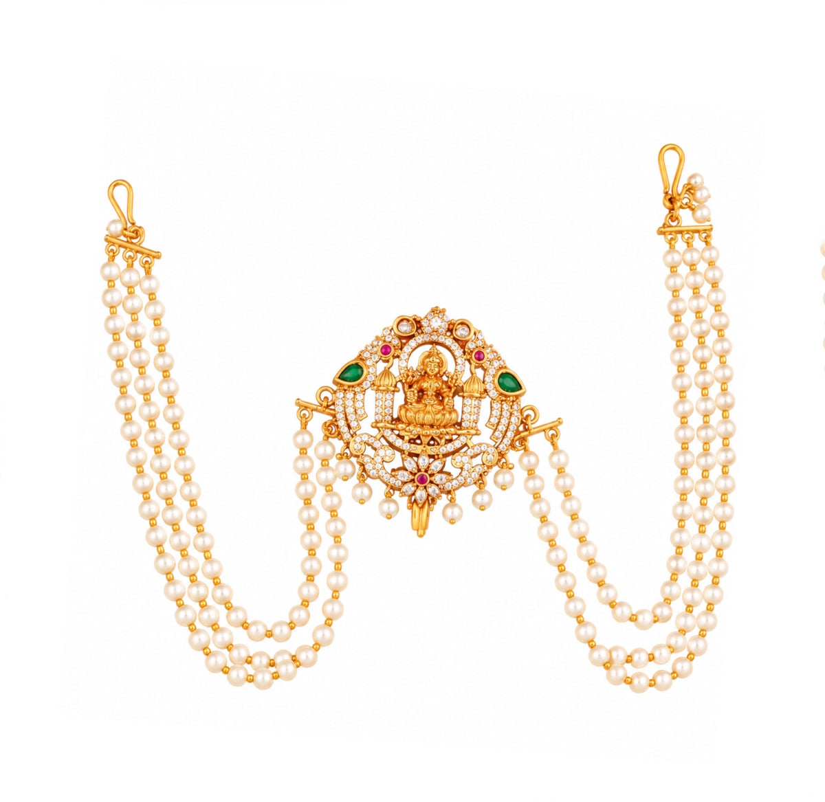 Traditional Lakshmi Goddess Juda Pin with Triple Layer Pearl Chains and Kundan Stonework
