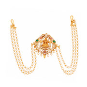 Traditional Lakshmi Goddess Juda Pin with Triple Layer Pearl Chains and Kundan Stonework
