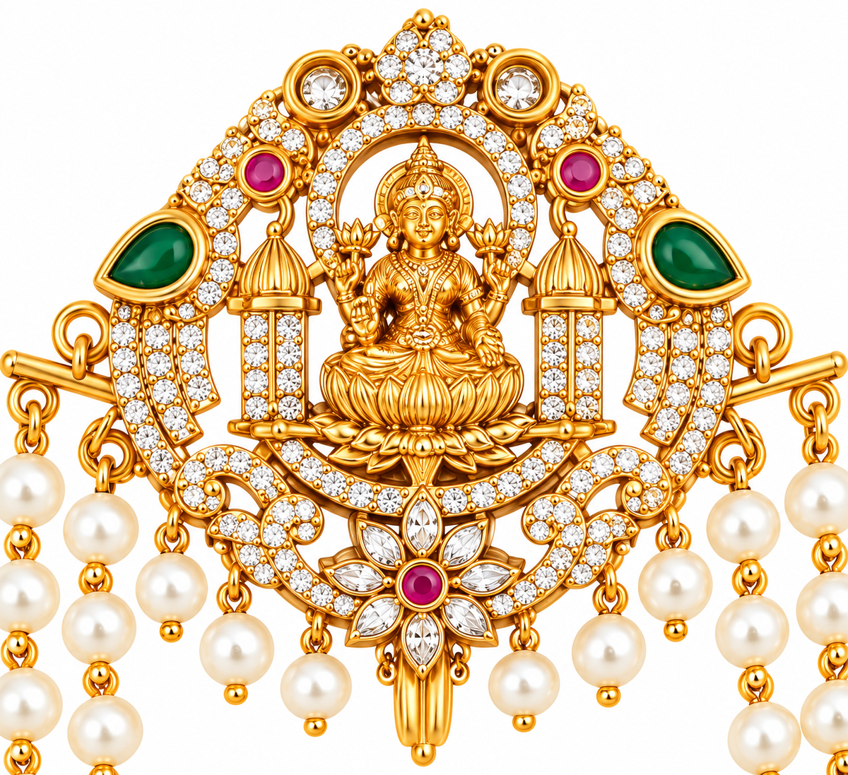 Traditional Lakshmi Goddess Juda Pin with Triple Layer Pearl Chains and Kundan Stonework