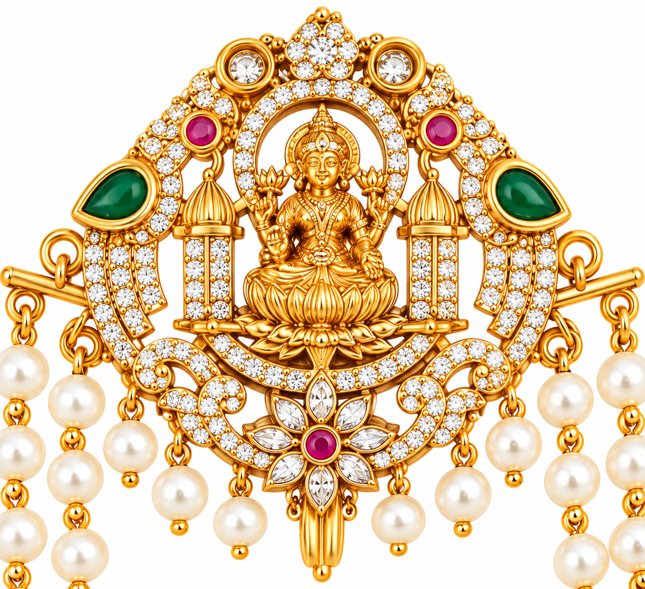 Traditional Lakshmi Goddess Juda Pin with Triple Layer Pearl Chains and Kundan Stonework