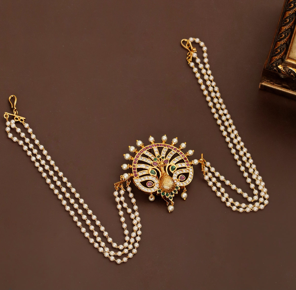 Elegant Peacock Juda Pin with Multicolour Stonework and Layered Pearl Chains