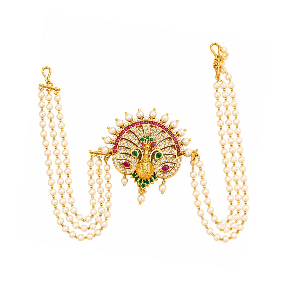 Elegant Peacock Juda Pin with Multicolour Stonework and Layered Pearl Chains
