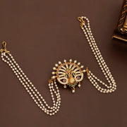 Elegant Peacock Juda Pin with Multicolour Stonework and Layered Pearl Chains
