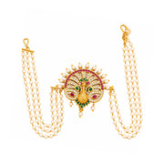 Elegant Peacock Juda Pin with Multicolour Stonework and Layered Pearl Chains