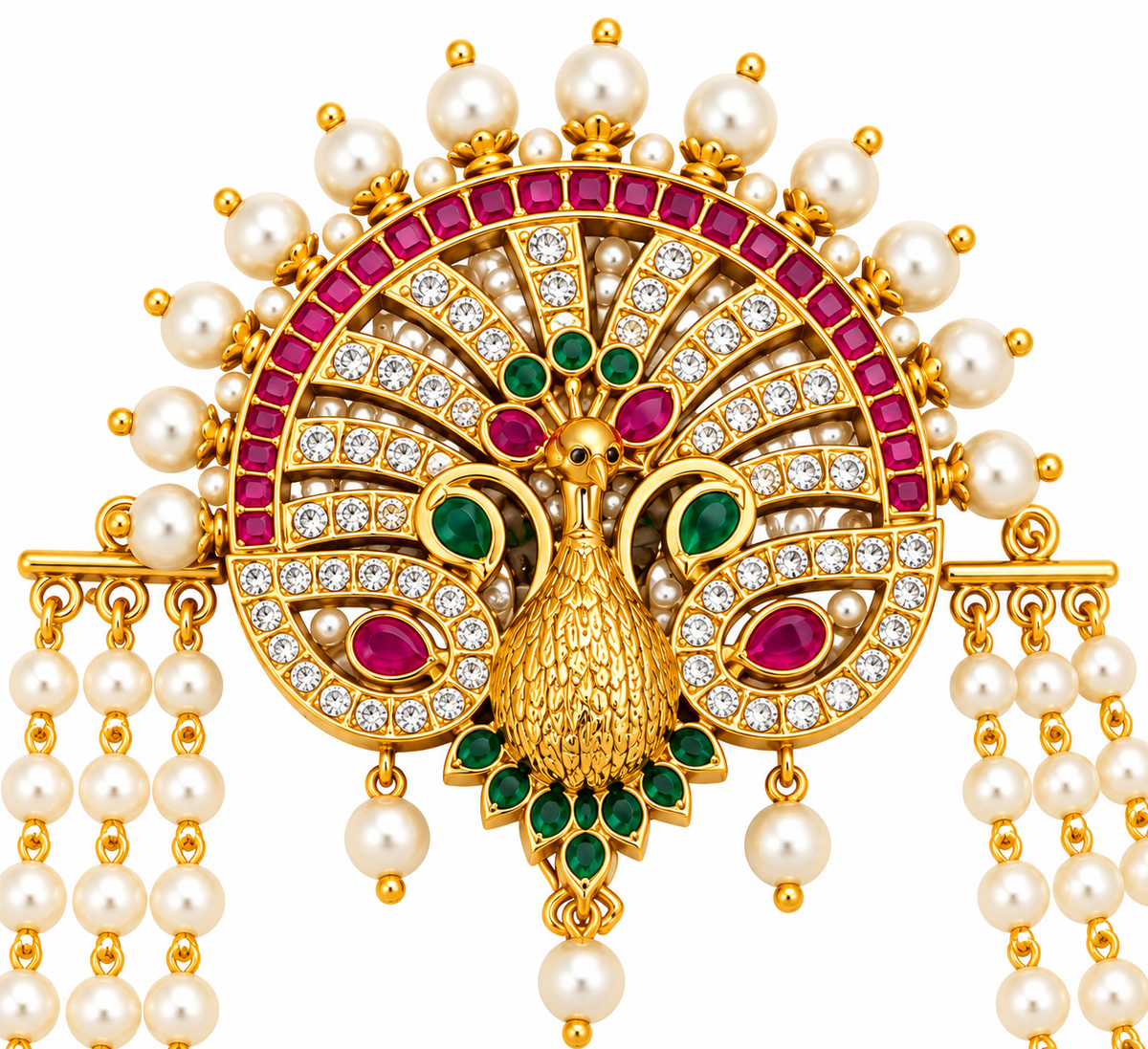 Elegant Peacock Juda Pin with Multicolour Stonework and Layered Pearl Chains
