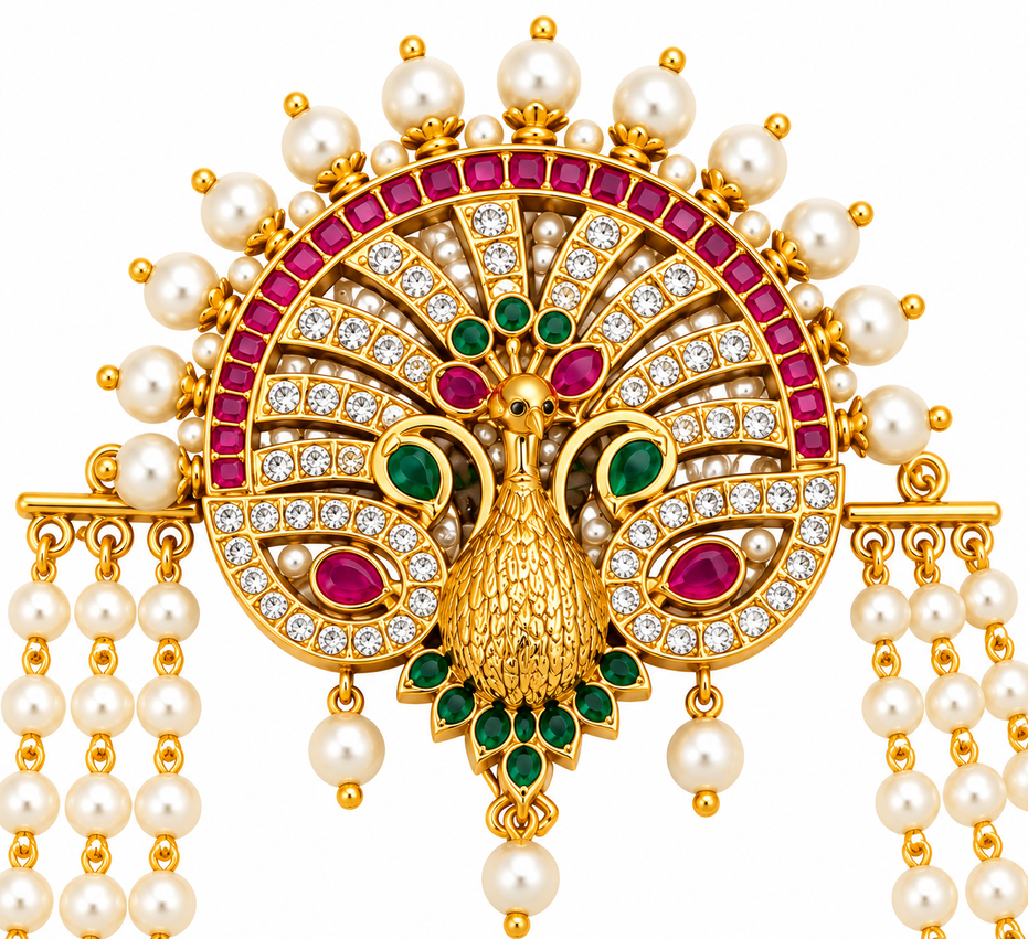 Elegant Peacock Juda Pin with Multicolour Stonework and Layered Pearl Chains