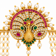 Elegant Peacock Juda Pin with Multicolour Stonework and Layered Pearl Chains