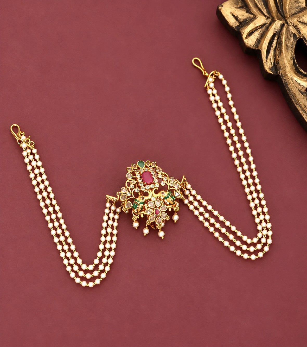 Traditional Floral Juda Pin with Triple Pearl Chains and Multicolour Stone Embellishments