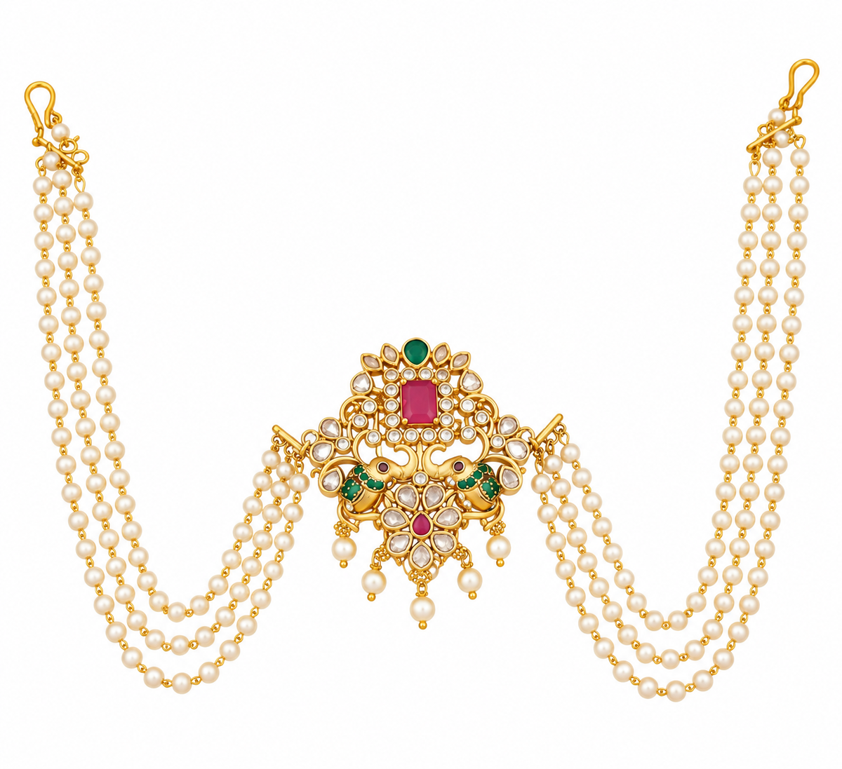 Traditional Floral Juda Pin with Triple Pearl Chains and Multicolour Stone Embellishments