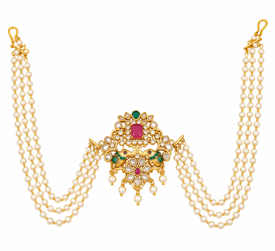 Traditional Floral Juda Pin with Triple Pearl Chains and Multicolour Stone Embellishments