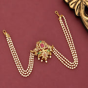 Traditional Floral Juda Pin with Triple Pearl Chains and Multicolour Stone Embellishments
