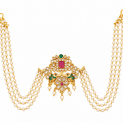 Traditional Floral Juda Pin with Triple Pearl Chains and Multicolour Stone Embellishments