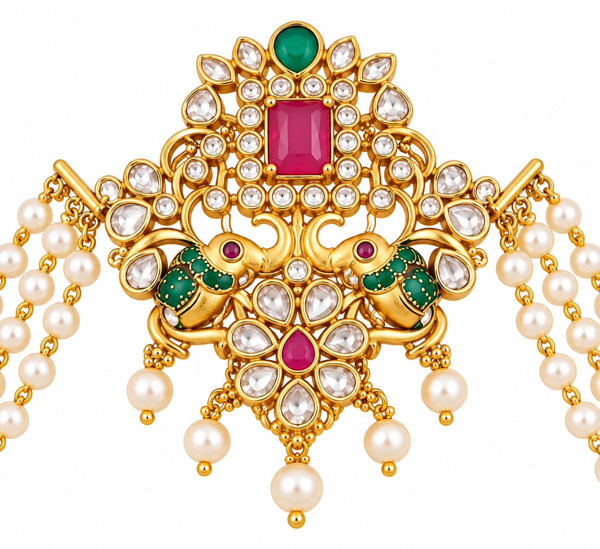 Traditional Floral Juda Pin with Triple Pearl Chains and Multicolour Stone Embellishments