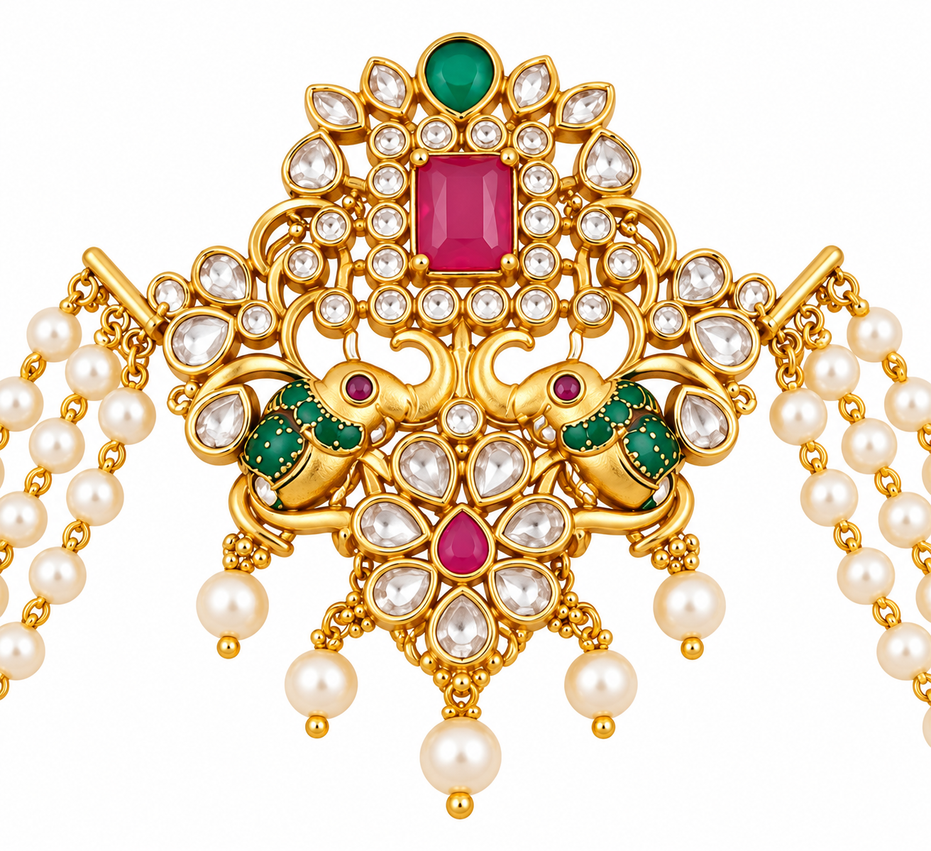 Traditional Floral Juda Pin with Triple Pearl Chains and Multicolour Stone Embellishments