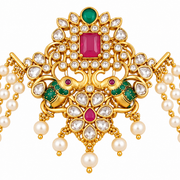 Traditional Floral Juda Pin with Triple Pearl Chains and Multicolour Stone Embellishments