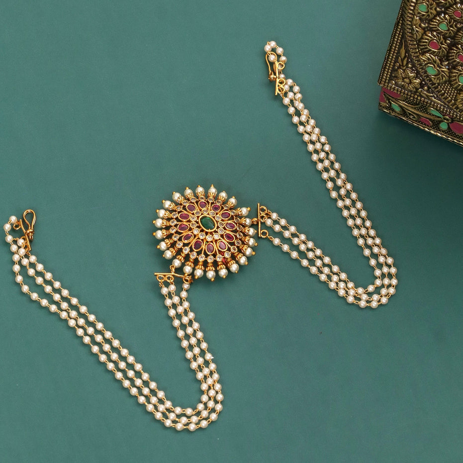 Traditional Sunburst Juda Pin with Triple Pearl Chains and Multicolour Stone Embellishments