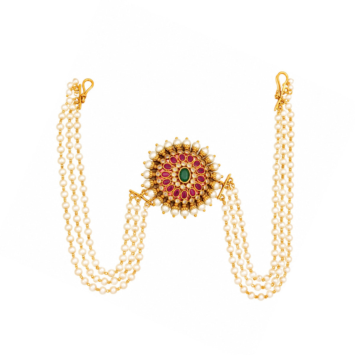 Traditional Sunburst Juda Pin with Triple Pearl Chains and Multicolour Stone Embellishments
