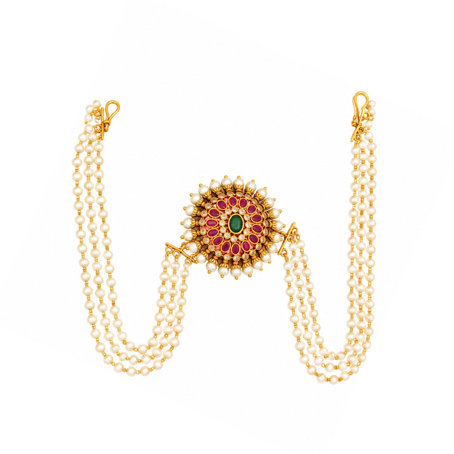 Traditional Sunburst Juda Pin with Triple Pearl Chains and Multicolour Stone Embellishments