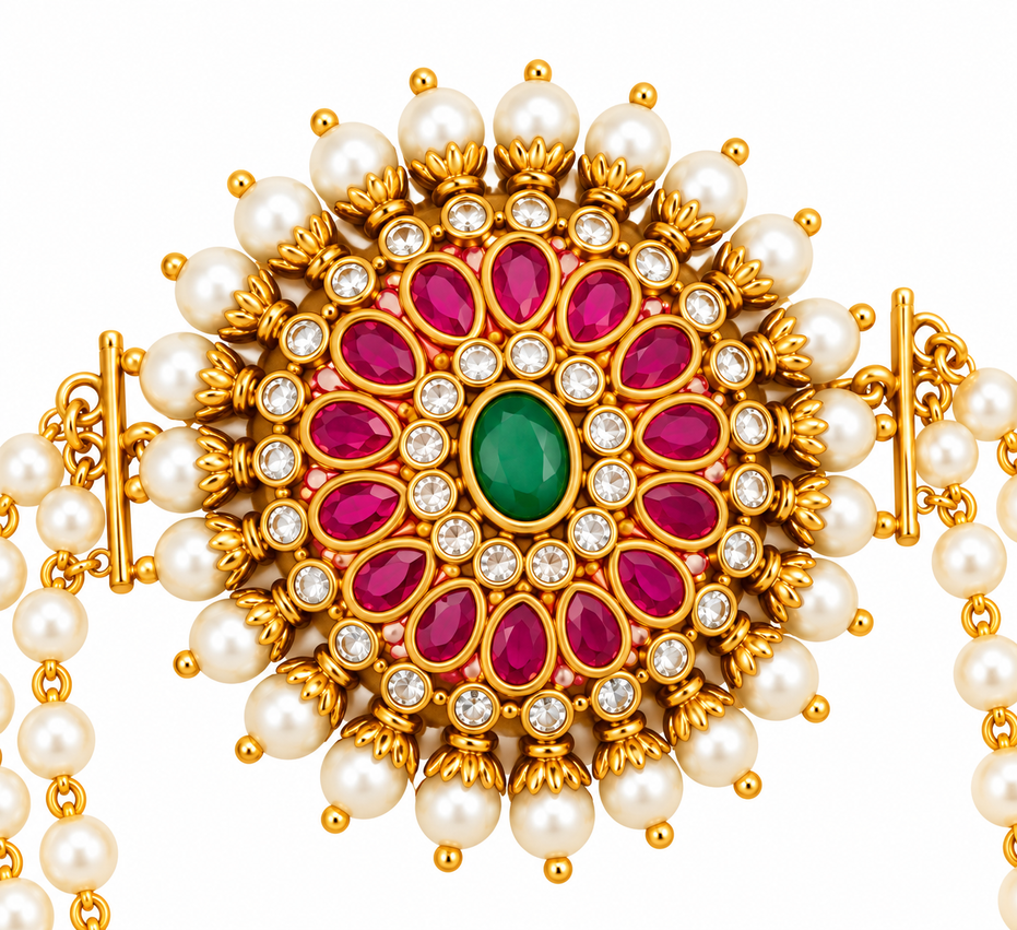 Traditional Sunburst Juda Pin with Triple Pearl Chains and Multicolour Stone Embellishments