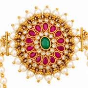 Traditional Sunburst Juda Pin with Triple Pearl Chains and Multicolour Stone Embellishments